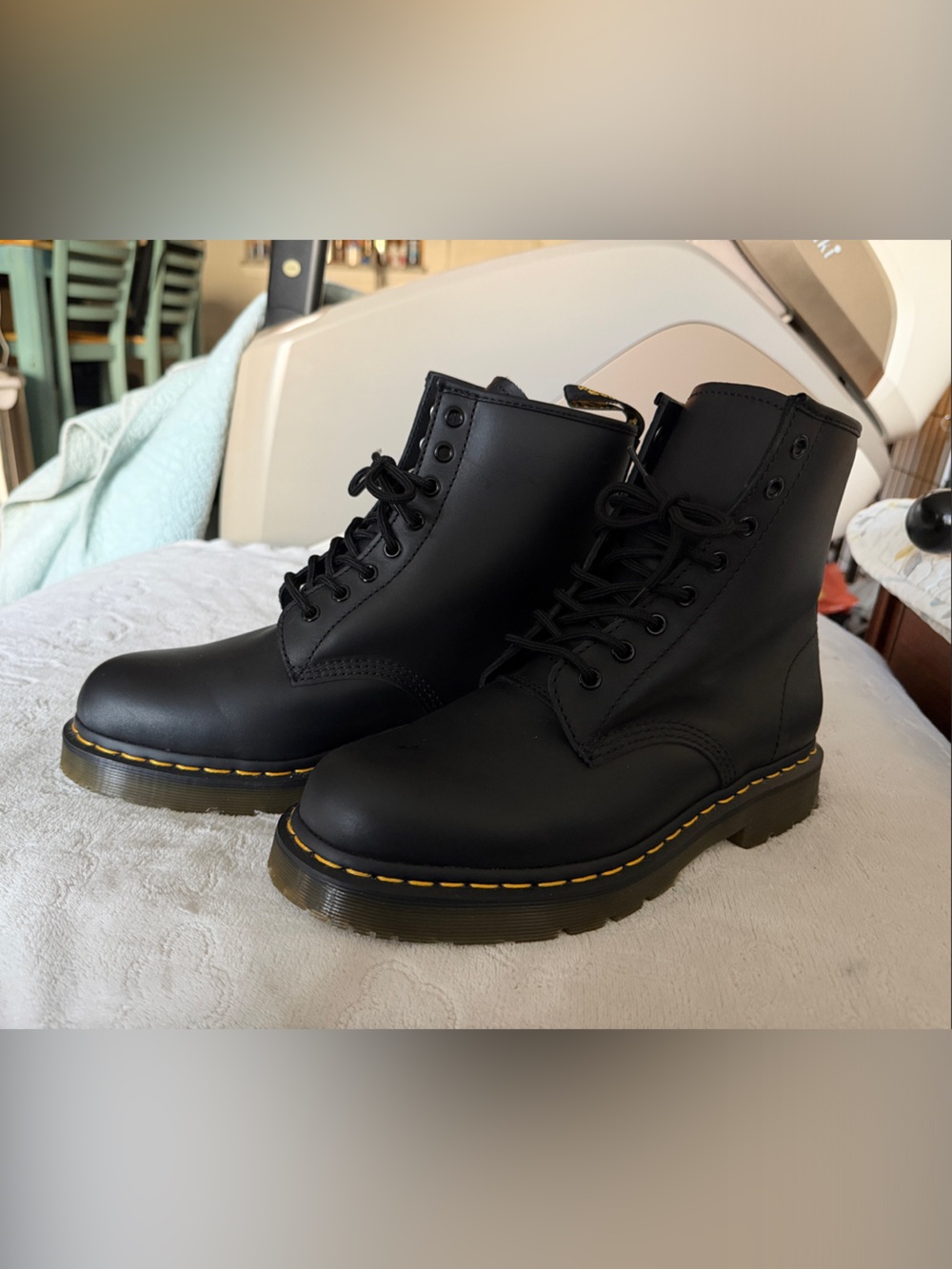 Dr. Martens Black Leather Work Boots Slip Resistant soles oil resistant uppers.